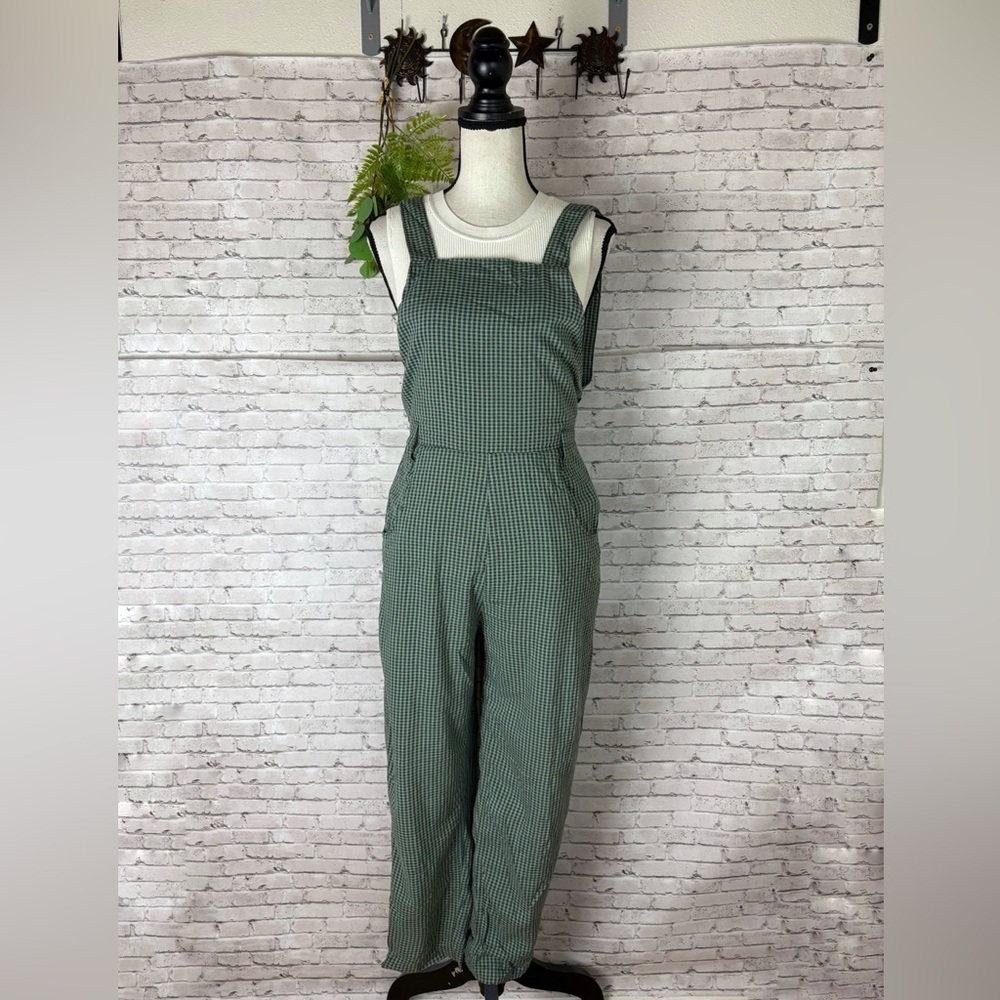 RVCA Sage Green Gingham Print Cotton Rayon Overalls